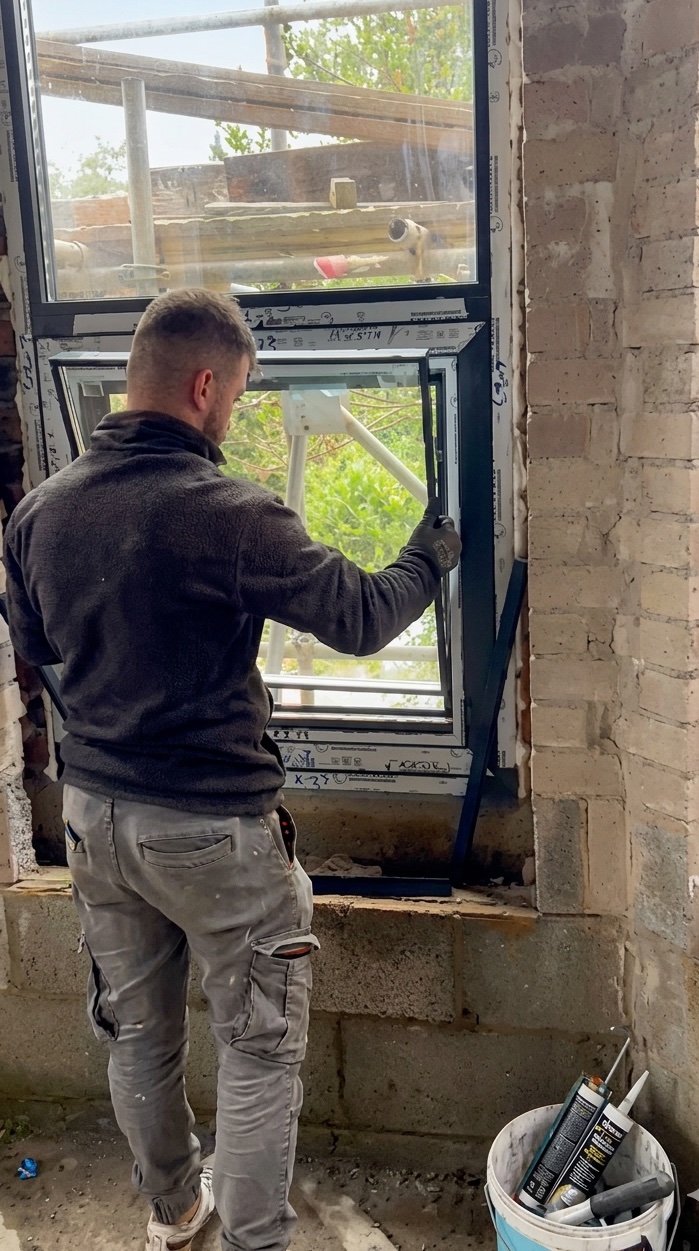 Ertan installing a UPVC tilt-and-turn window on site