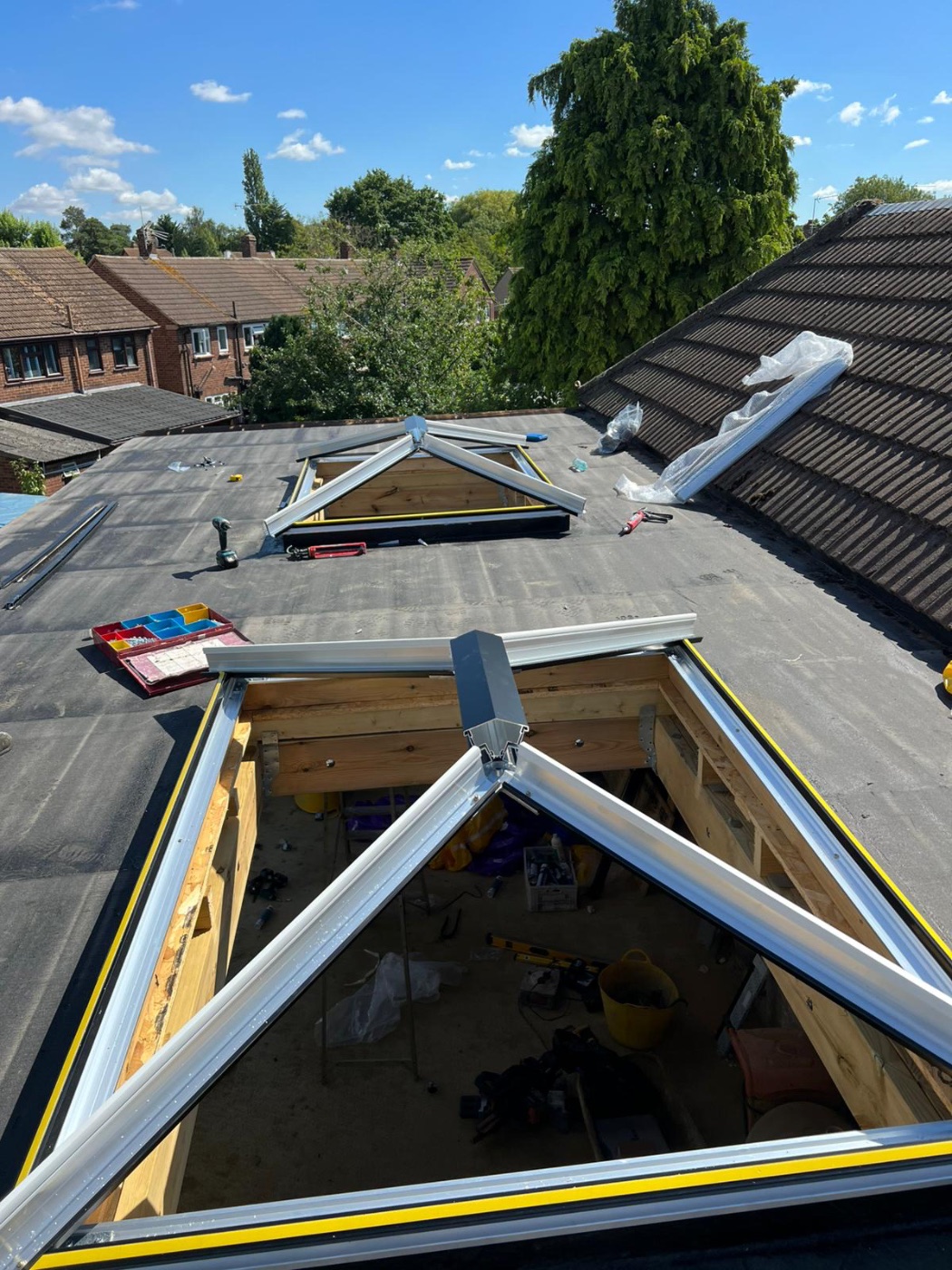 Roof lantern frames during installation on flat roof